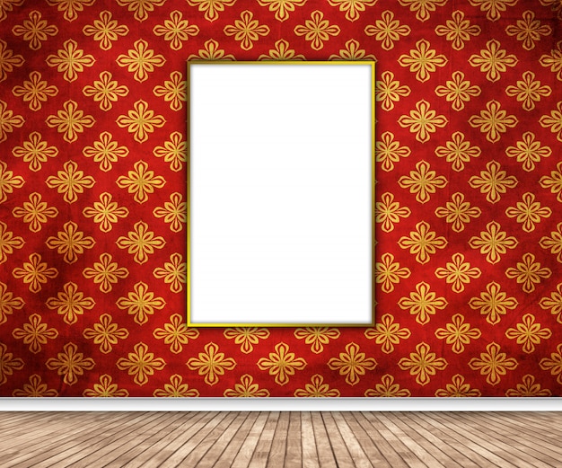 Bezpłatne zdjęcie wnętrze 3d z pustym obrazem wiszącym na ścianie adamaszku