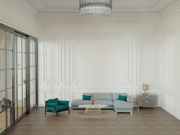 Wnętrze pokoju 3d z klasycznym designem i meblami