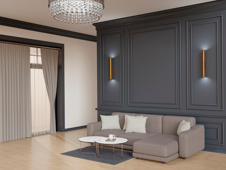 Bezpłatny plik Zdjęcie wnętrze pokoju 3d z klasycznym designem i meblami
