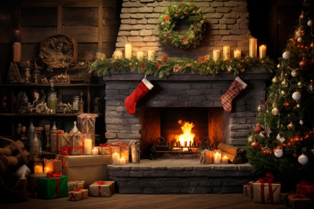 wnętrze świąteczne magiczne świecące prezenty z kominkiem na drewnianej podłodze