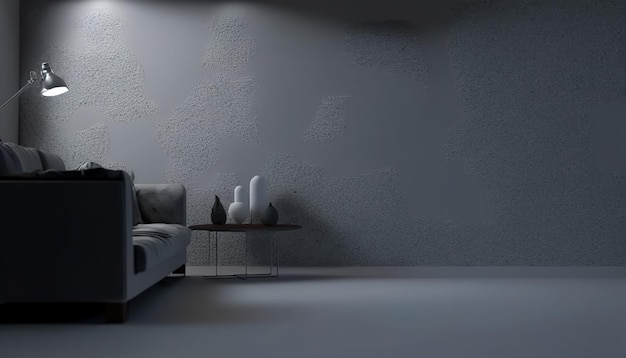 Wnętrze szarego, niezbyt przytulnego pokoju z teksturowanymi ścianami generującymi sztuczną inteligencję