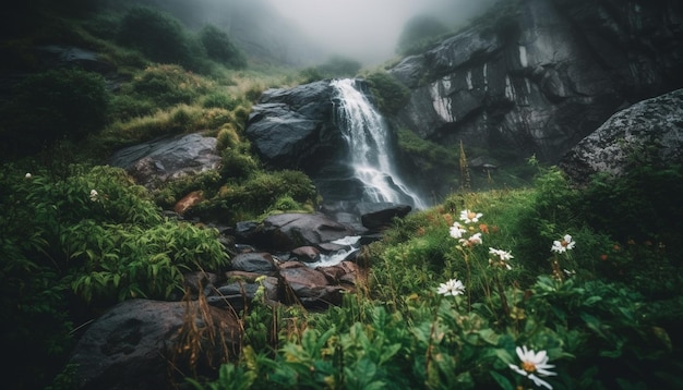 Bezpłatne zdjęcie wodospad w górach z zielonym polem kwiatów na pierwszym planie.
