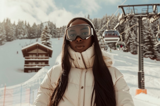 Bezpłatne zdjęcie woman snowboarding in wintertime with dreamy landscape and pastel shades