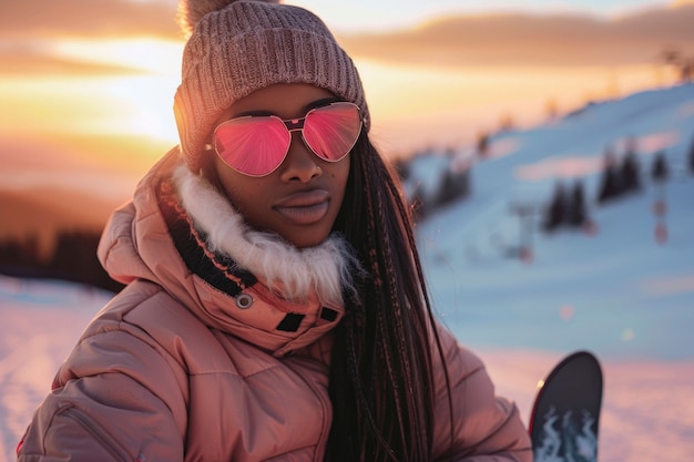 Bezpłatne zdjęcie woman snowboarding in wintertime with dreamy landscape and pastel shades