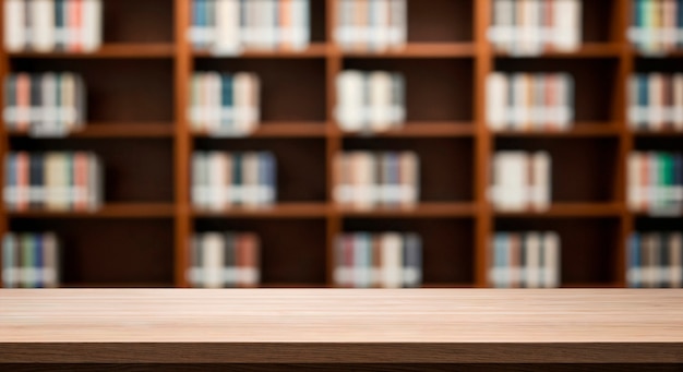 Wooden table in front of a blurry bookshelf in a library