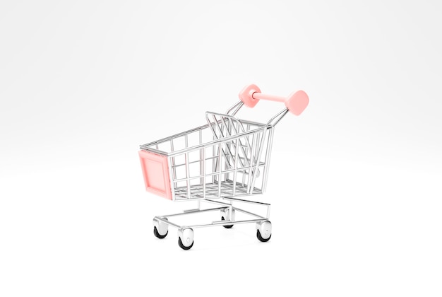 Wózek na zakupy lub koszyk na kółkach supermarket ikona znak lub symbol na białym tle renderowania 3d