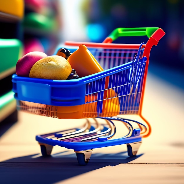 Bezpłatne zdjęcie wózek na zakupy z niebiesko-pomarańczową rączką i czerwono-zieloną rączką.