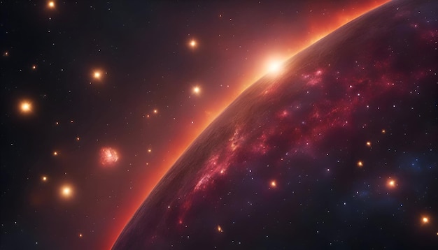 Wschód Słońca w kosmosie z gwiazdami i mgławicą 3D