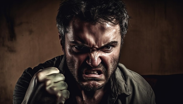 Bezpłatne zdjęcie wściekły kaukaski mężczyzna z ciemną brodą krzyczy wygenerowany przez sztuczną inteligencję