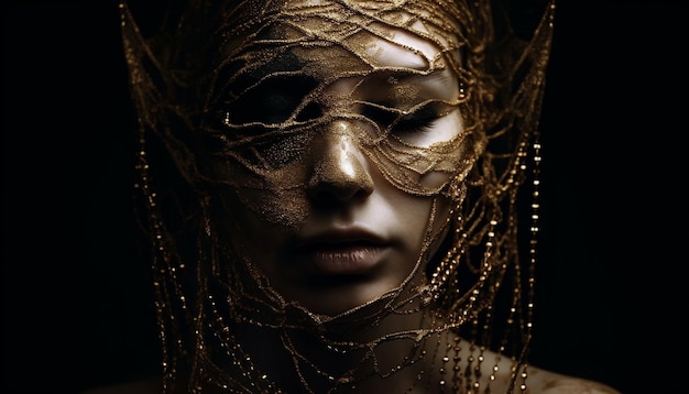 Wspaniała młoda kobieta w stroju fetysza ze złotą maską wygenerowana przez sztuczną inteligencję