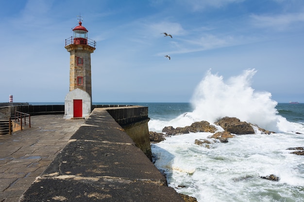 Wspaniałe ujęcie scenerii latarni morskiej Felgueiras znajdującej się w Porto, Portugalia