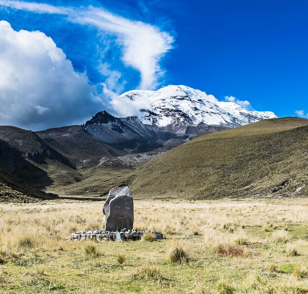 Wulkan Chimborazo w Ekwadorze pod błękitnym niebem i białymi chmurami