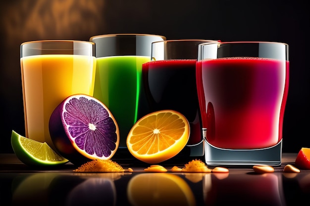 Wybór kolorowych soków jest ustawionych na stole.