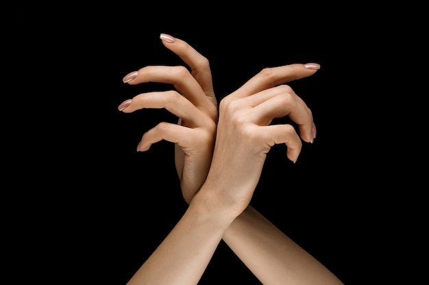 Bezpłatne zdjęcie wybór właściwej drogi. męskie i kobiece dłonie, wykazując gest dotyku na białym tle na tle czarnego studia. pojęcie relacji międzyludzkich, relacji, uczuć lub biznesu.