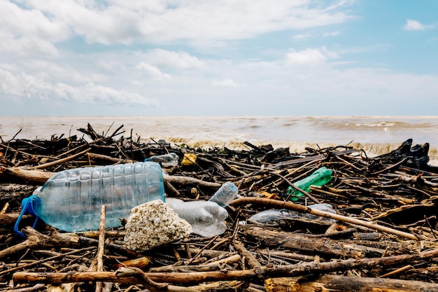 Wybrzeże morskie po burzy. odpady z tworzyw sztucznych i drewna na plaży zanieczyszczają środowisko. problem środowiskowy.