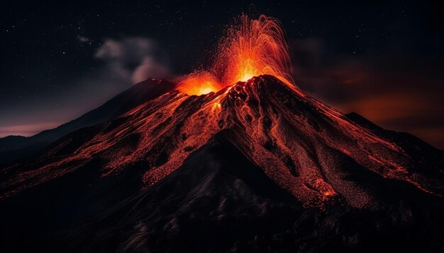 Wybuchający wulkan wypluwa płomienie i dym na zewnątrz generowane przez sztuczną inteligencję