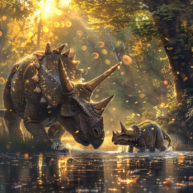 Bezpłatny plik Zdjęcie wygasły dinozaur triceratops z naturalnym środowiskiem