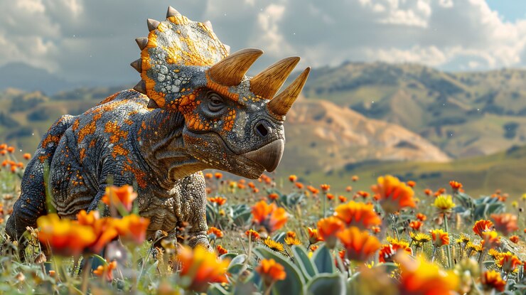 Bezpłatny plik Zdjęcie wygasły dinozaur triceratops z naturalnym środowiskiem