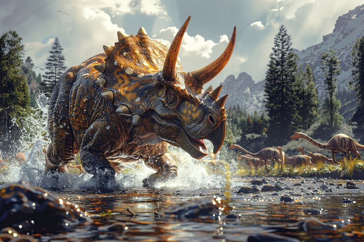 Bezpłatny plik Zdjęcie wygasły dinozaur triceratops z naturalnym środowiskiem