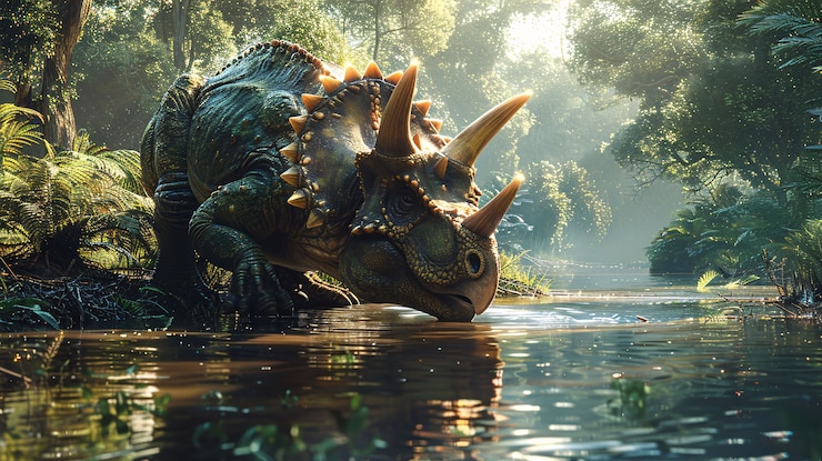 Bezpłatny plik Zdjęcie wygasły dinozaur triceratops z naturalnym środowiskiem