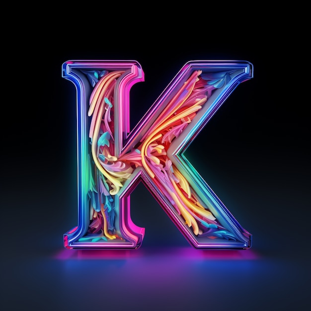 Bezpłatne zdjęcie wygląd 3d litery k w kolorach neonowych