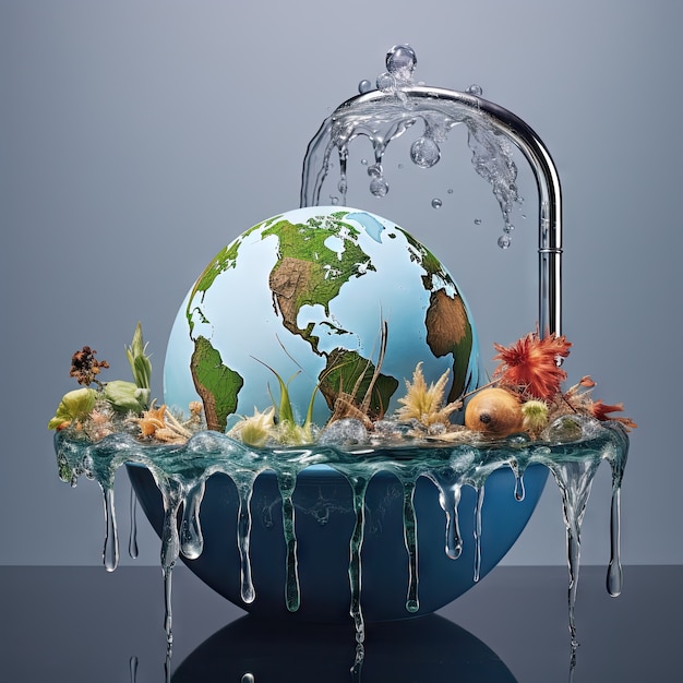 Wygląd fantazyjnego kranu z bieżącą wodą i surrealistycznym krajobrazem na Światowy Dzień Wody