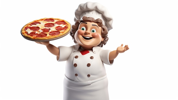 Wygląd kreskówkowej szefowej kuchni z pyszną pizzą 3D