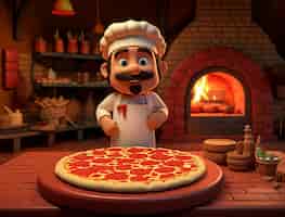 Bezpłatne zdjęcie wygląd kucharza z kreskówki z pyszną pizzą 3d