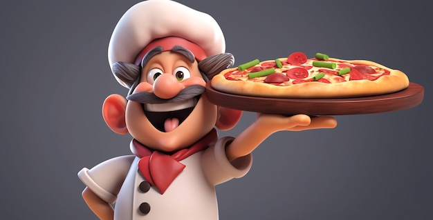Wygląd Kucharza Z Kreskówki Z Pyszną Pizzą 3d