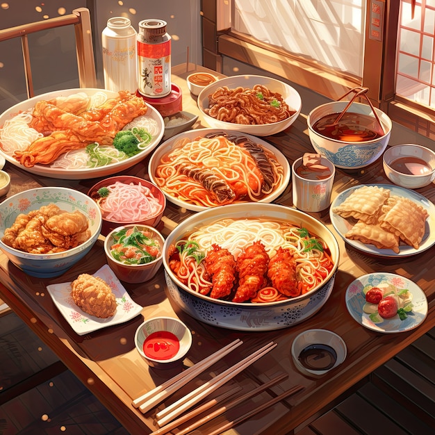 Bezpłatne zdjęcie wygląd pysznego jedzenia na kolację w stylu anime