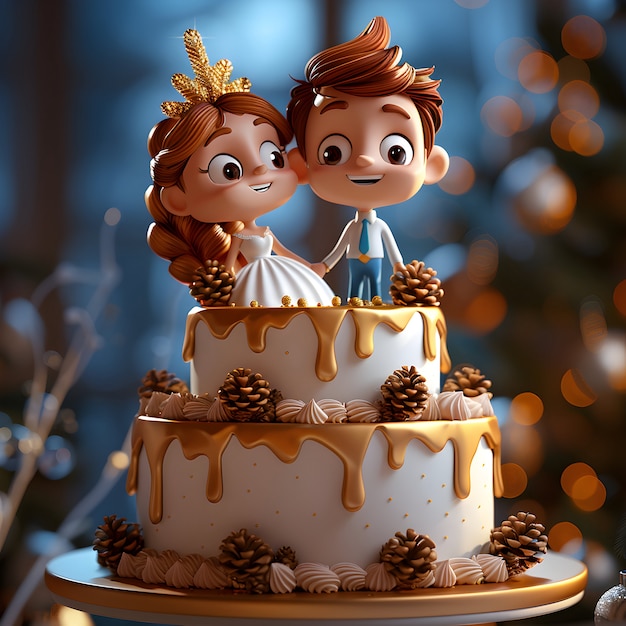 Bezpłatne zdjęcie wygląd tortu ślubnego w 3d z dekoracjami i ozdobami