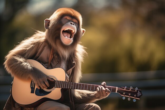Wygląd zabawnej małpy grającej na gitarze