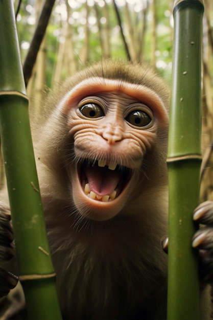 Wygląd Zabawnej Małpy Z Bambusem