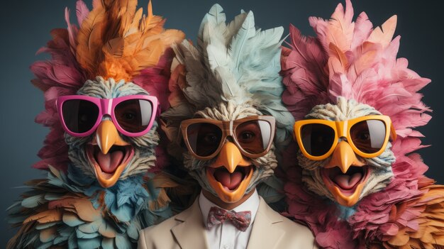 Wygląd zabawnych ludzi z maskami ptaków