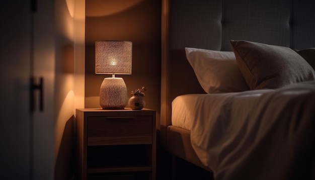 Wygodna nowoczesna sypialnia z elegancką dekoracją i oświetleniem generatywnym AI
