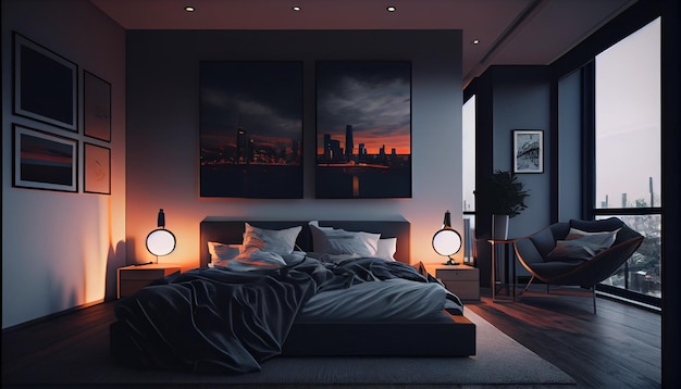 Wygodna nowoczesna sypialnia z elegancką dekoracją i oświetleniem generatywnym AI