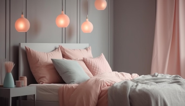 Wygodna nowoczesna sypialnia z elegancką pościelą i oświetleniem generowanym przez AI