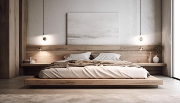 Wygodna nowoczesna sypialnia z eleganckim luksusowym wystrojem wygenerowanym przez AI