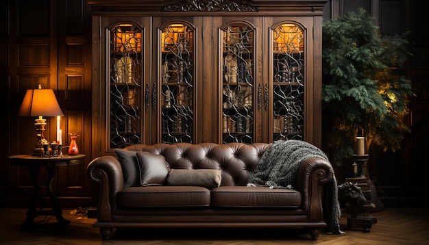 Wygodna sofa w nowoczesnym salonie z elegancką dekoracją generowaną przez sztuczną inteligencję