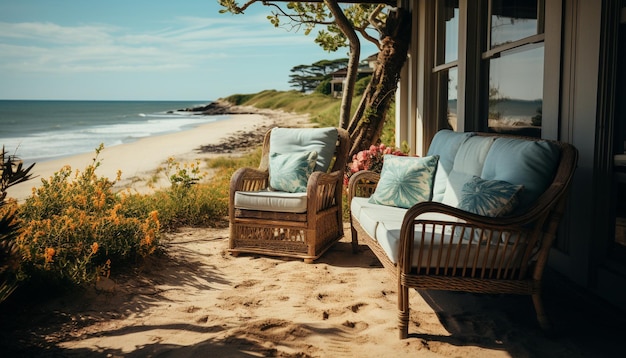 Bezpłatne zdjęcie wygodne krzesło na piaszczystej plaży, naturalne miejsce relaksu generowane przez sztuczną inteligencję