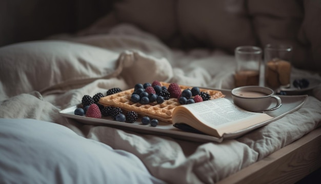 Bezpłatne zdjęcie wygodne łóżko świeża kawa jagodowa dla relaksu wygenerowana przez ai