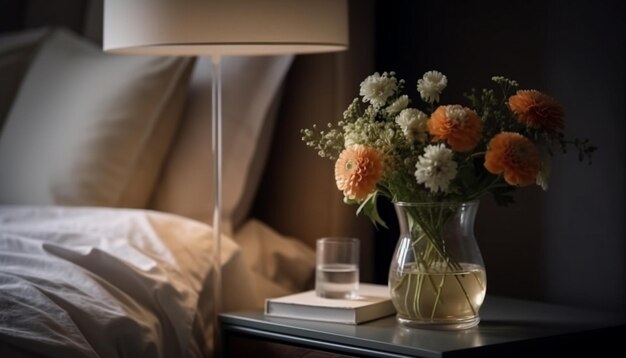Wygodne łóżko ze świeżymi kwiatami i nowoczesnym wystrojem wygenerowanym przez AI