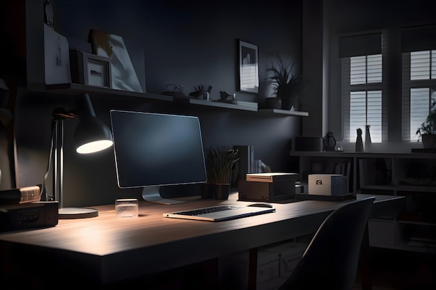 Bezpłatne zdjęcie wygodne miejsce pracy z komputerem na stole w nocy 3d render