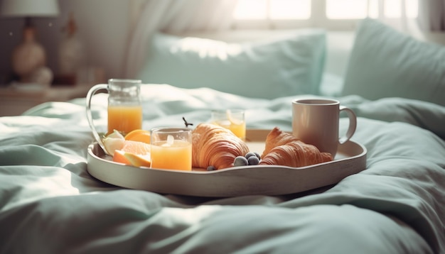 Wygodny pokój hotelowy ze świeżym francuskim śniadaniem generowanym przez AI
