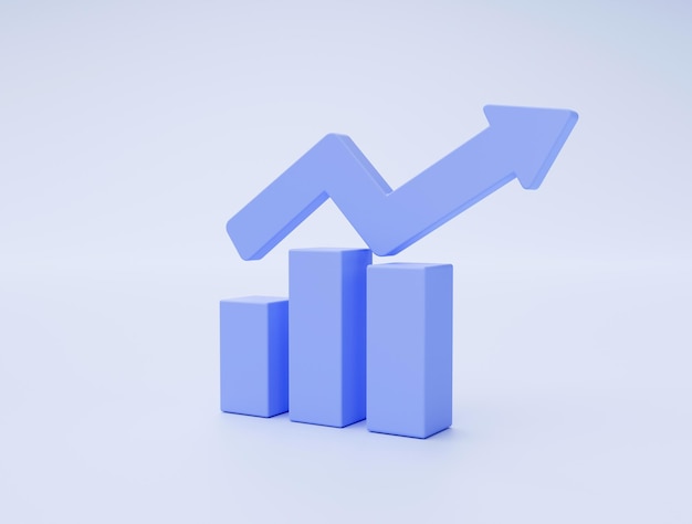 Wykres słupkowy wzrostu i strzałka marketingowa zakupy online ikona znak lub symbol koncepcja e-commerce na niebieskim tle ilustracja 3d