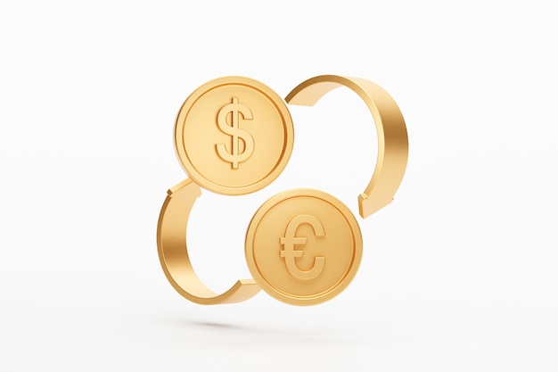 Wymiana walut Euro do dolara złota moneta waluta pieniądze ikona znak lub symbol biznes i koncepcja finansowa ilustracja 3D tła