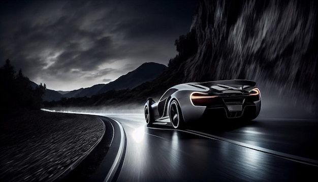 Wyścigi samochodów sportowych przez sztuczną inteligencję generującą ciemny, niewyraźny ruch