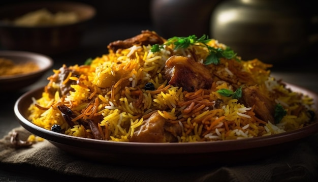 Wyśmienite biryani z ryżem szafranowym i kurczakiem wygenerowane przez sztuczną inteligencję