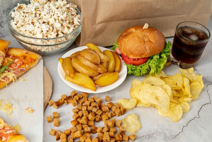 Bezpłatny plik Zdjęcie wysoki widok fast food na stole
