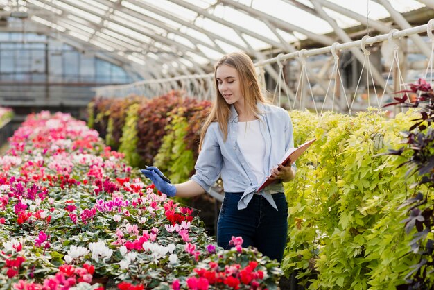 Wysokiego kąta kobieta pracuje w szklarni